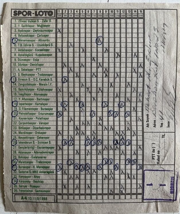 Spor Loto Kupon Kağıdı 1988