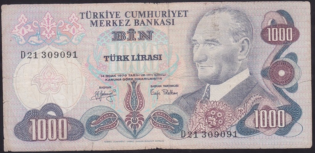 6.EMİSYON 2.TERTİP 1000 LİRA D21 309091 TEMİZ