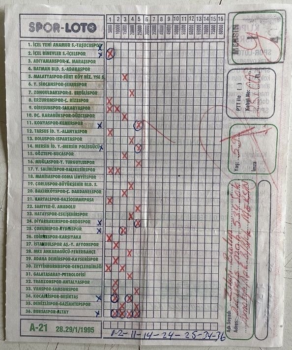 Spor Loto Kupon Kağıdı 1995