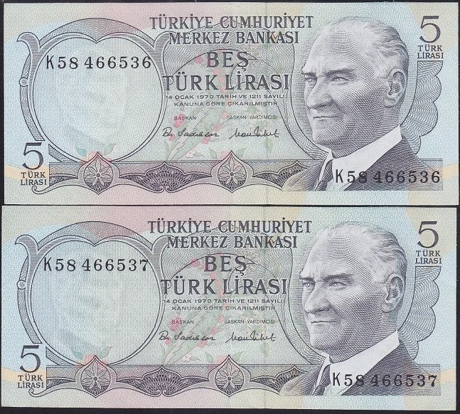 6.EMİSYON 2.TERTİP 5 LİRA K58 466536 537 SERİ TAKİPLİ ÇÇT ÇİLALTI