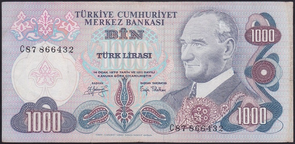 6.EMİSYON 2.TERTİP 1000 LİRA C87 866432 ÇOK TEMİZ