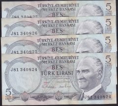 6.EMİSYON 2.TERTİP 5 LİRA J81 340824-25-26-27 SERİ TAKİPLİ 4 ADET ÇİLALTI