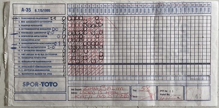 Spor Loto Kupon Kağıdı 1995