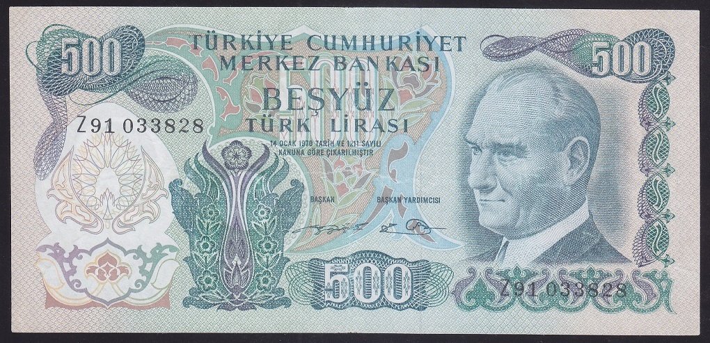 6.EMİSYON 2.TERTİP 500 LİRA Z91 033828 ÇOK TEMİZ (YIKAMA VAR)