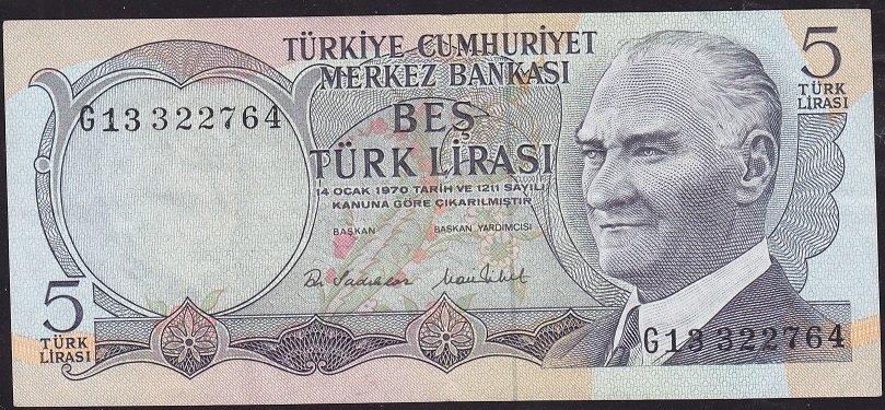 6.Emisyon 2.Tertip 5 Lira G13 322764 Çok Temiz+