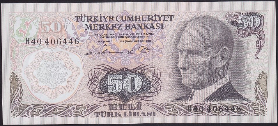 6.EMİSYON 1.TERTİP 50 LİRA H40 406446 ÇİL