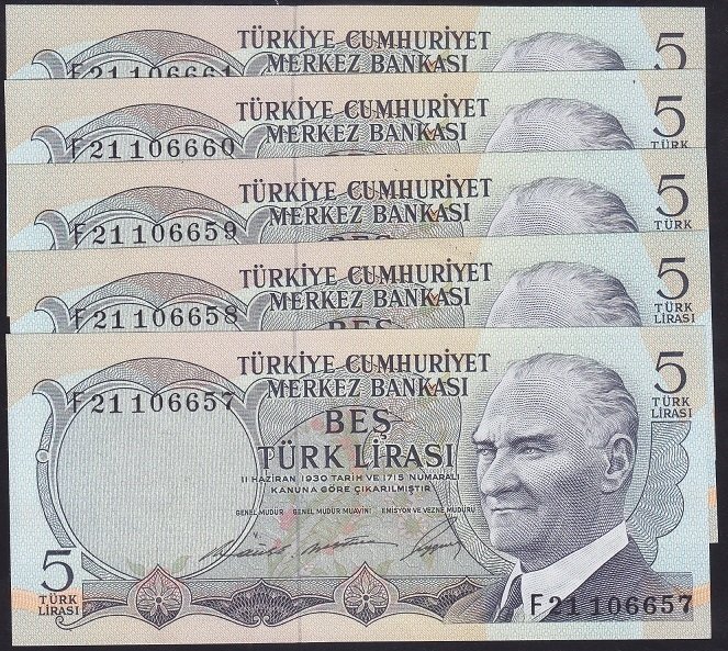 6.EMİSYON 1.TERTİP 5 LİRA F21 106657-661 SERİ TAKİPLİ 5 ADET ÇİLALTI ÇİL