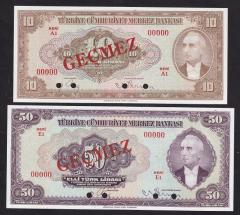3.EMİSYON 50 LİRA VE 4.EMİSYON 10 LİRA GEÇMEZ DAMGALI SPECİMEN ÇİL