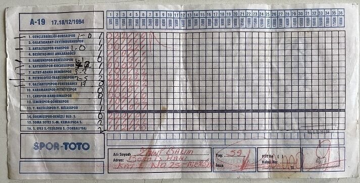 Spor Loto Kupon Kağıdı 1994