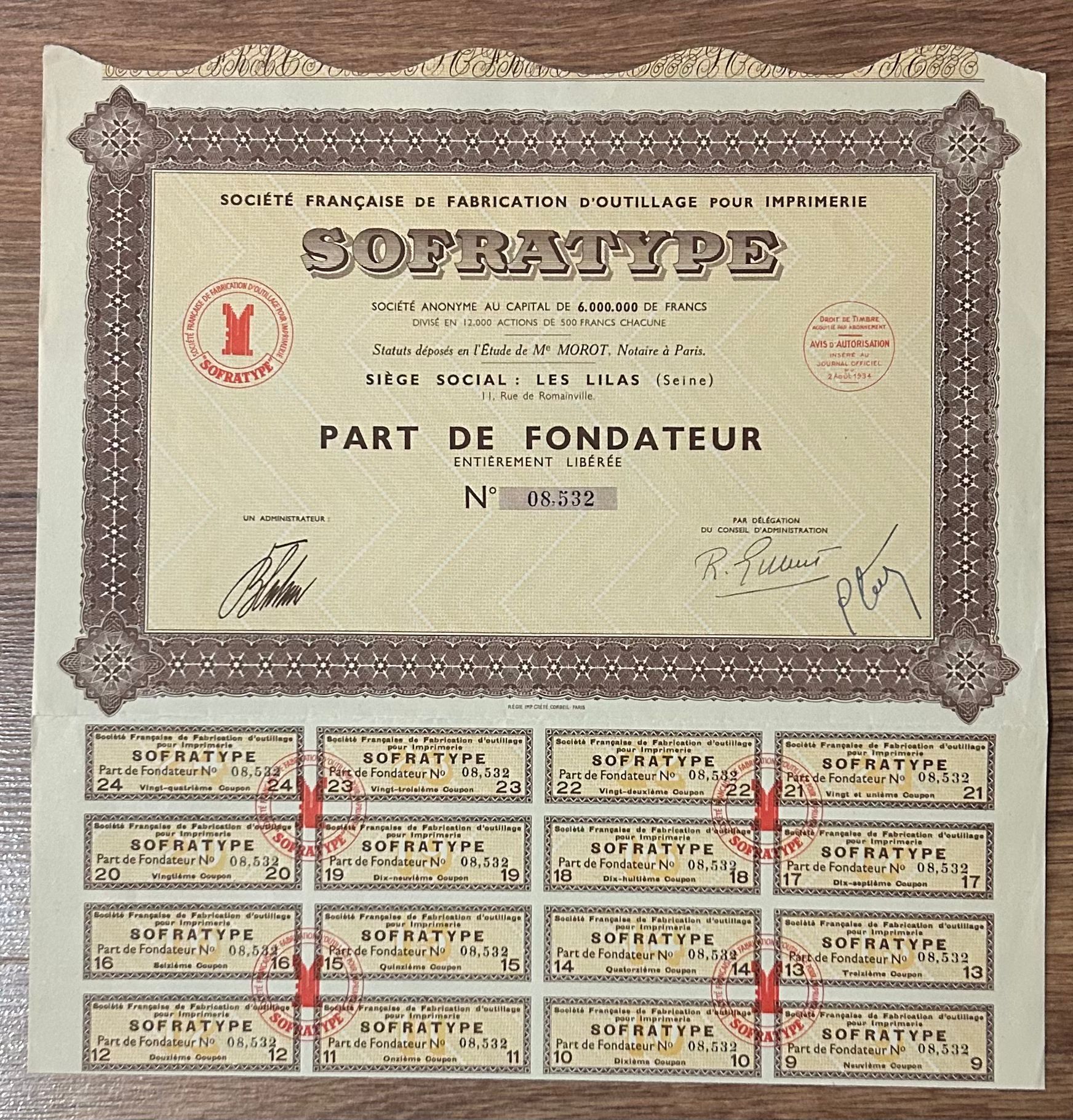 Hisse Senedi - Sofratype 1934 ( 31.5 X 32 cm )