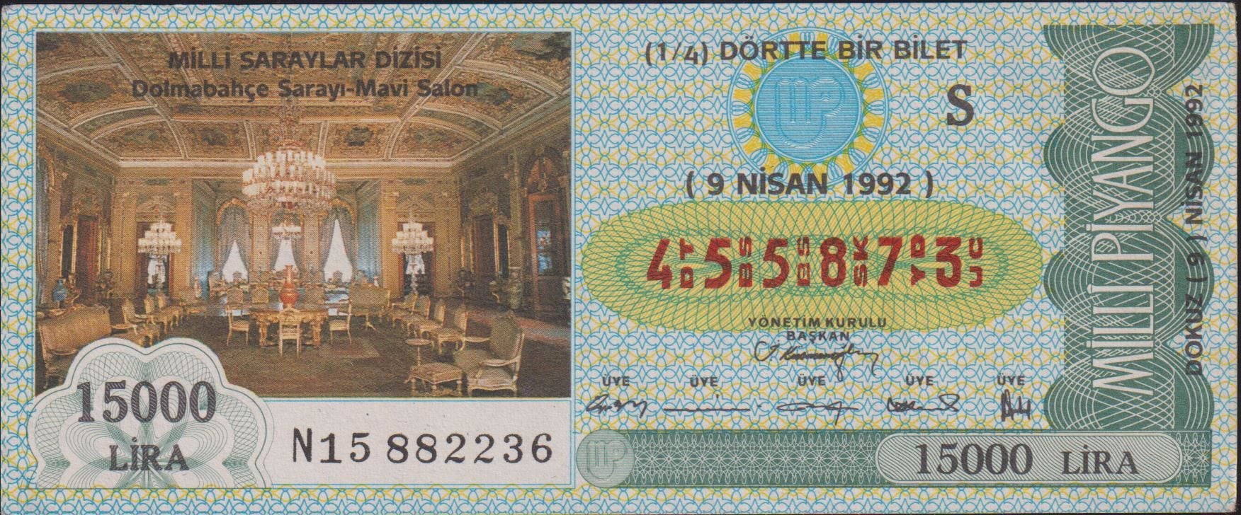 1992 9 Nisan Çeyrek Bilet - S Serisi - Dolmabahçe Sarayı Mavi Salon