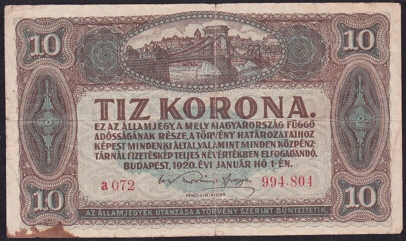 Macaristan 10 Korona 1920 Temiz