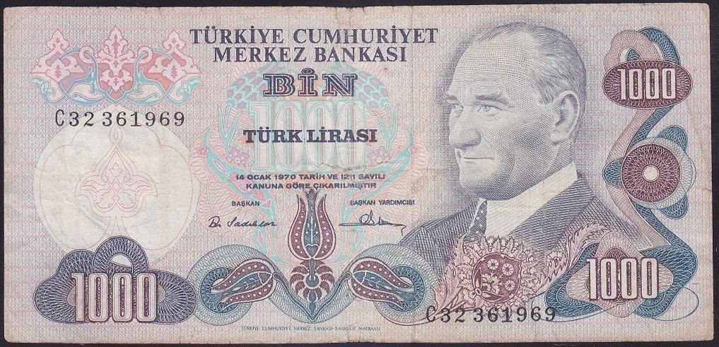 6.EMİSYON 1.TERTİP 1000 LİRA C32 361969 TEMİZ
