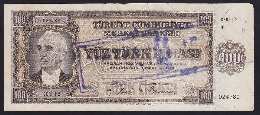 3.EMİSYON BERLİN 100 LİRA J2 024789 ÇOK TEMİZ İPTAL KAŞELİ
