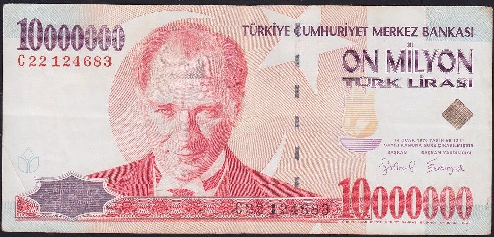 7.Emisyon 10 000 000 Lira C22 124683 Çok Temiz+