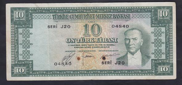 5.EMİSYON 1.TERTİP 10 LİRA J20 04840 TEMİZ eski para mezat