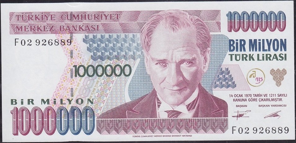 7.Emisyon 1.Tertip 1 000 000 Lira F02 926889 Çil