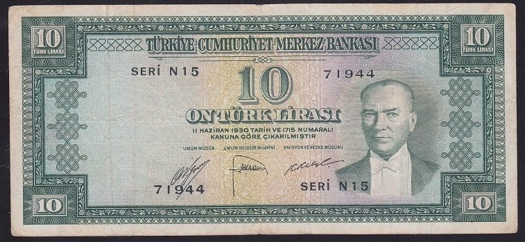 5.EMİSYON 2.TERTİP 10 LİRA N15 71944 ÇOK TEMİZ (DÜZELTME VAR) eski para mezat