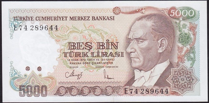 7.Emisyon 3.Tertip 5000 Lira E74 289644 Çil
