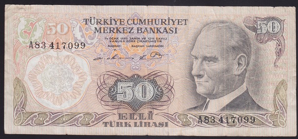 6.EMİSYON 1.TERTİP 50 LİRA A83 417099 ÇOK TEMİZ