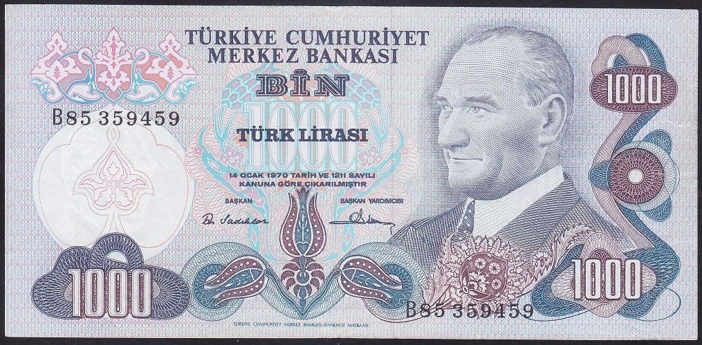 6.EMİSYON 1.TERTİP 1000 LİRA B85 359459 ÇÇT (YIKAMA VAR)