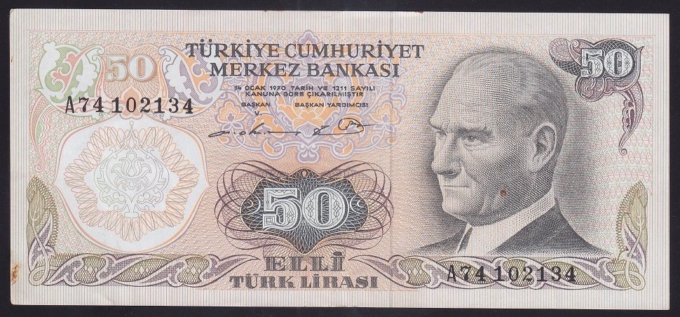 6.EMİSYON 1.TERTİP 50 LİRA A74 102134 ÇOK ÇOK TEMİZ  - ÇİLALTI