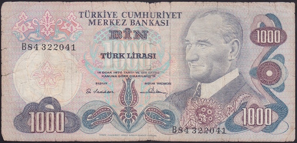 6.EMİSYON 1.TERTİP 1000 LİRA B84 322041 İYİ eski kağıt para değerleri