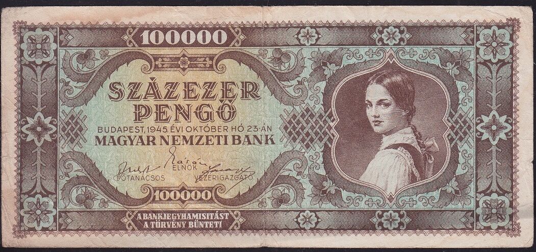 Macaristan 100.000 Pengo 1945 Çok Temiz