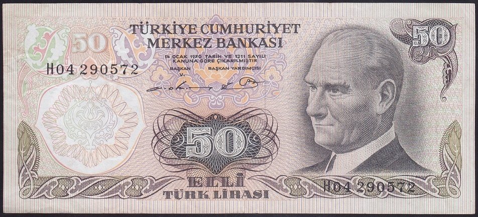 6.EMİSYON 1.TERTİP 50 LİRA H04 290572 ÇOK TEMİZ para eden eski paralar
