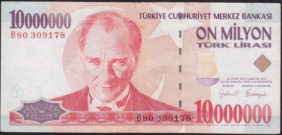 7.Emisyon 10 000 000 Lira B80 309178 Çok Temiz