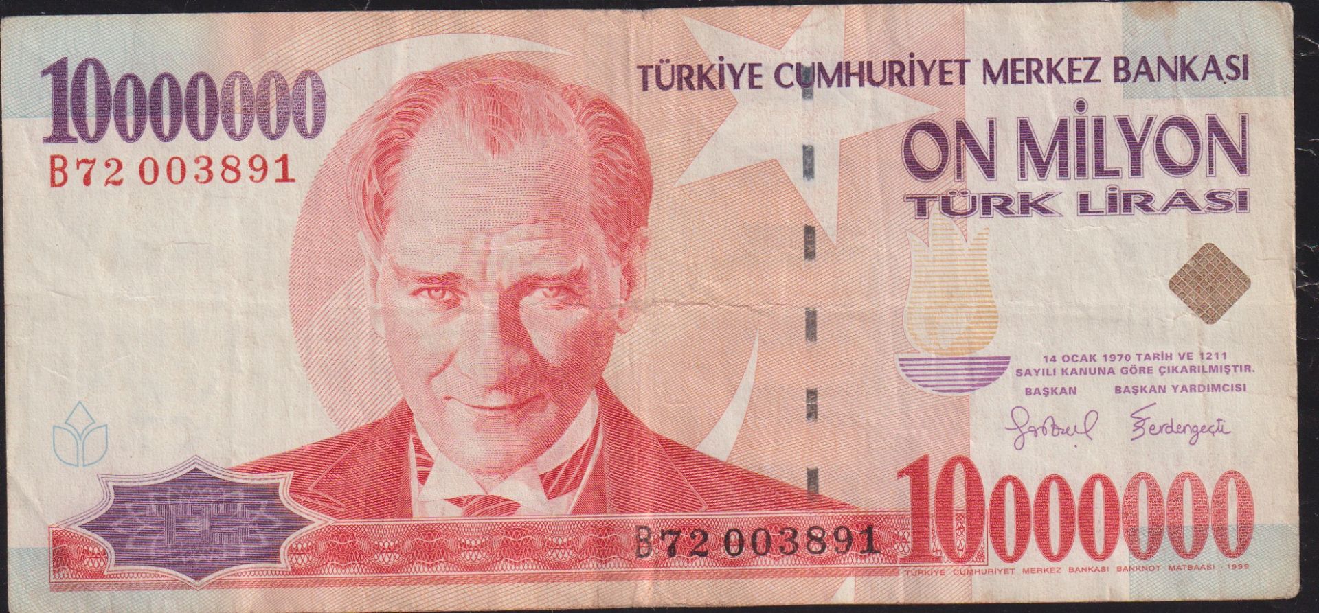 7.Emisyon 10 000 000 Lira B72 003891 Çok Temiz