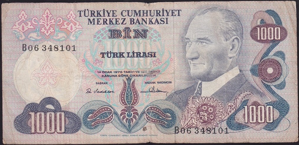 6.Emisyon 1.Tertip 1000 Lira B06 348101 Temiz