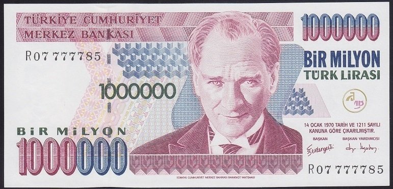 7.EMİSYON 3.TERTİP 1 000 000 LİRA R07 777785 ÇİL