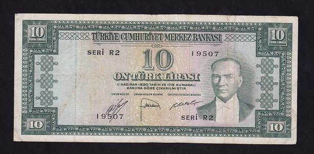 5.EMİSYON 2.TERTİP 10 LİRA R2 19507 ÇOK TEMİZ ( YIKAMA VAR )