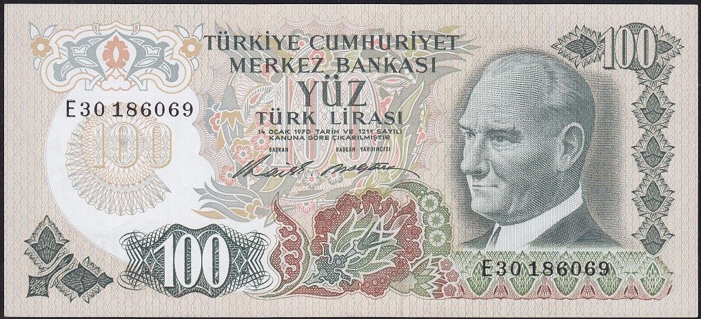 6.Emisyon 1.Tertip 100 Lira E30 186069 Çok Çok Temiz