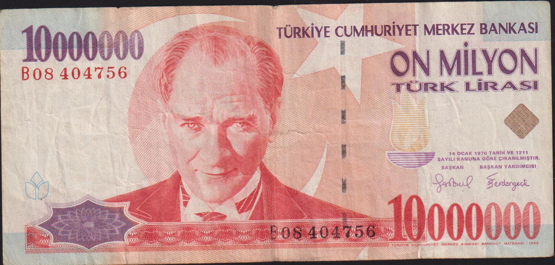 7.Emisyon 10 000 000 Lira B08 404756 Çok Temiz