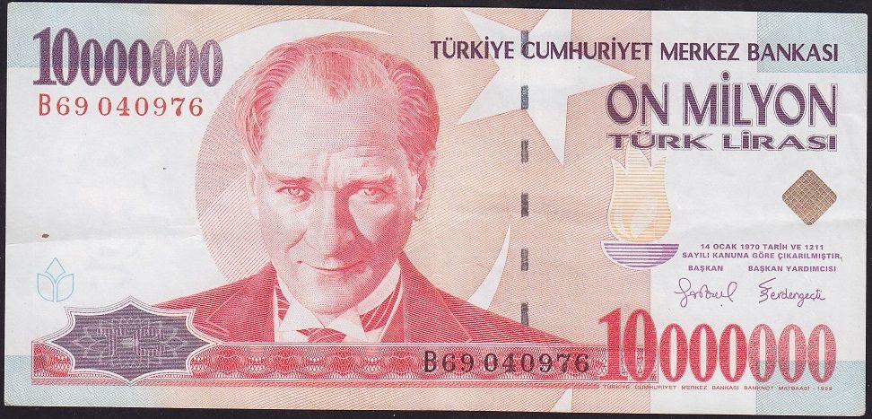 7.Emisyon 10 000 000 Lira B69 040976 Çok Temiz+