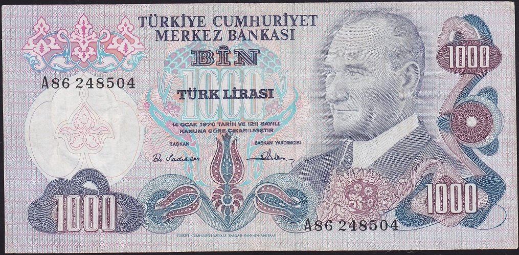 6.Emisyon 1.Tertip 1000 Lira A86 248504 Çok Temiz+