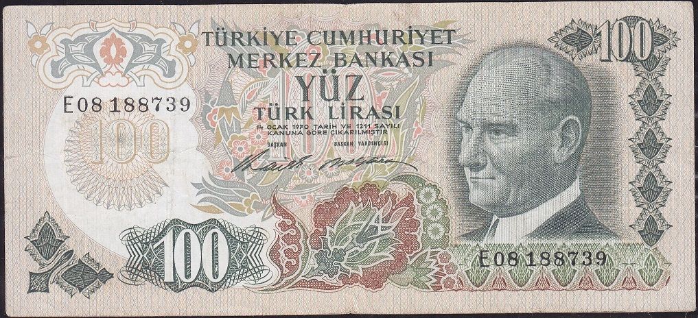 6.Emisyon 1.Tertip 100 Lira E08 188739 Çok Temiz