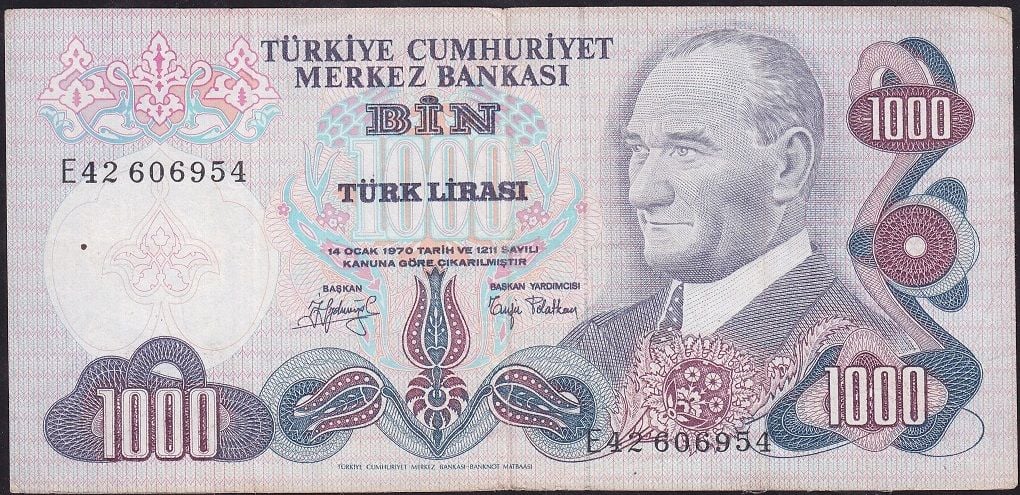 6.Emisyon 2.Tertip 1000 Lira E42 606954 Çok Temiz