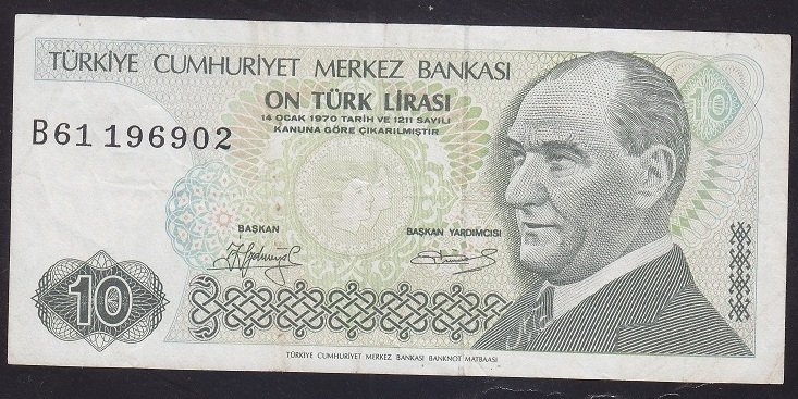 7.EMİSYON 1.TERTİP 10 LİRA B61 196902 ÇOK TEMİZ KISA KAŞ eski para alan yerler
