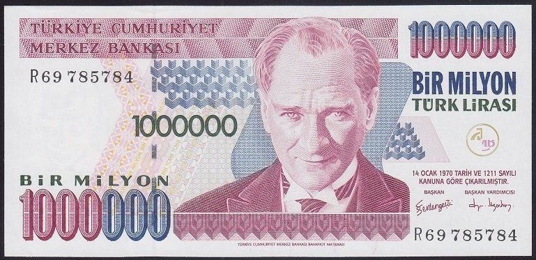 7.EMİSYON 3.TERTİP 1 000 000 LİRA R69 785784 ÇİLALTI ÇİL