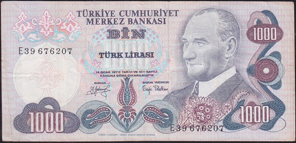 6.Emisyon 2.Tertip 1000 Lira E39 676207 Çok Temiz