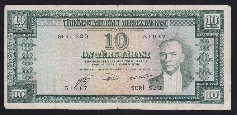 5.EMİSYON 2.TERTİP 10 LİRA S23 51917 ÇOK TEMİZ (YIKAMA VAR)