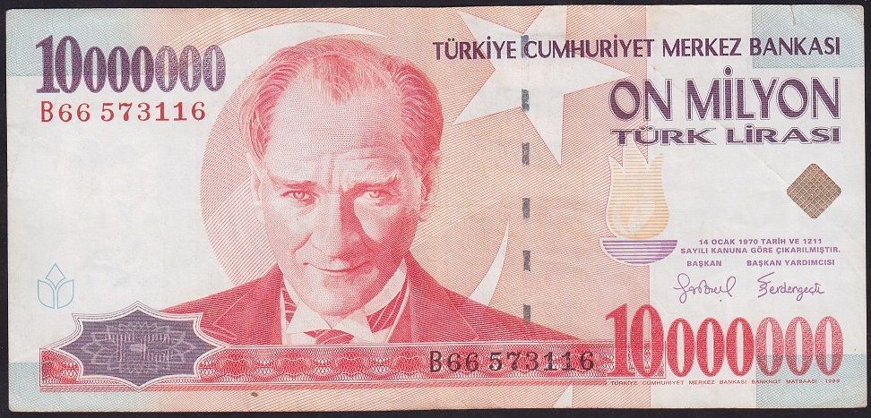 7.Emisyon 10 000 000 Lira B66 573116 Çok Temiz+