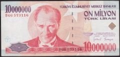 7.Emisyon 10 000 000 Lira B66 573116 Çok Temiz+
