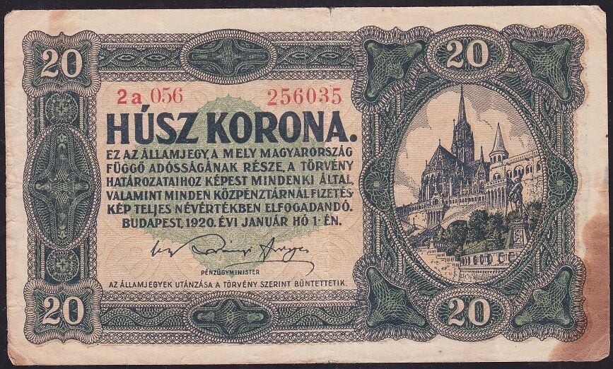 Macaristan 20 Korona 1920 Temiz