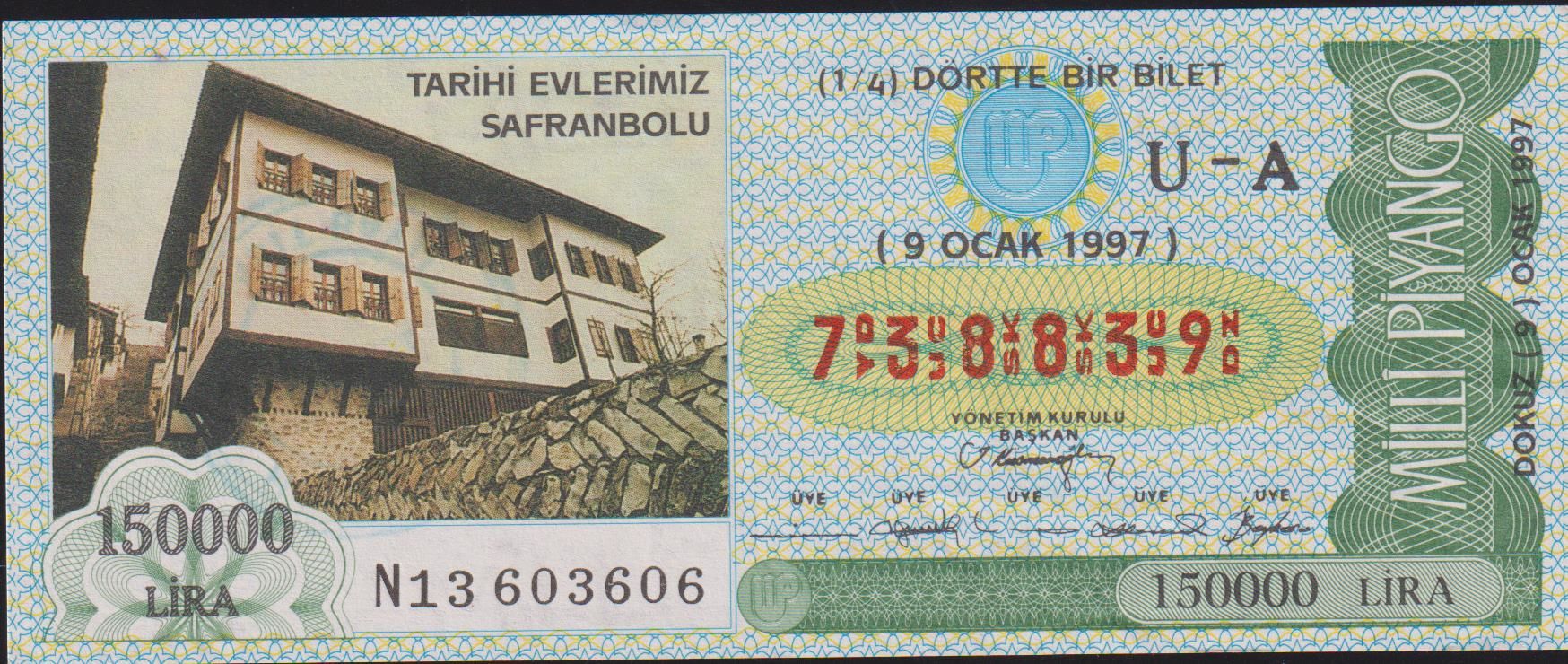 1997 9 Ocak Çeyrek Bilet - U-A Serisi - Safranbolu