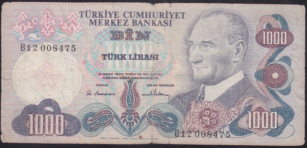 6.EMİSYON 1.TERTİP 1000 LİRA B12 008475 İYİ