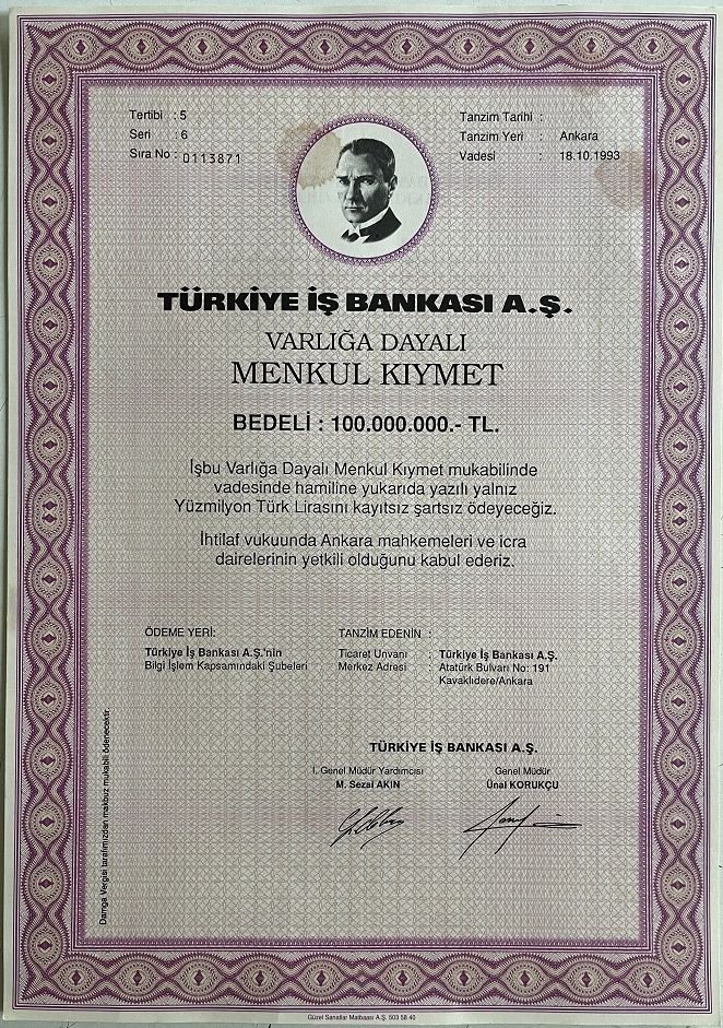 Hisse Senedi İş Bankası Menkul Kıymet 100.000.000 TL
